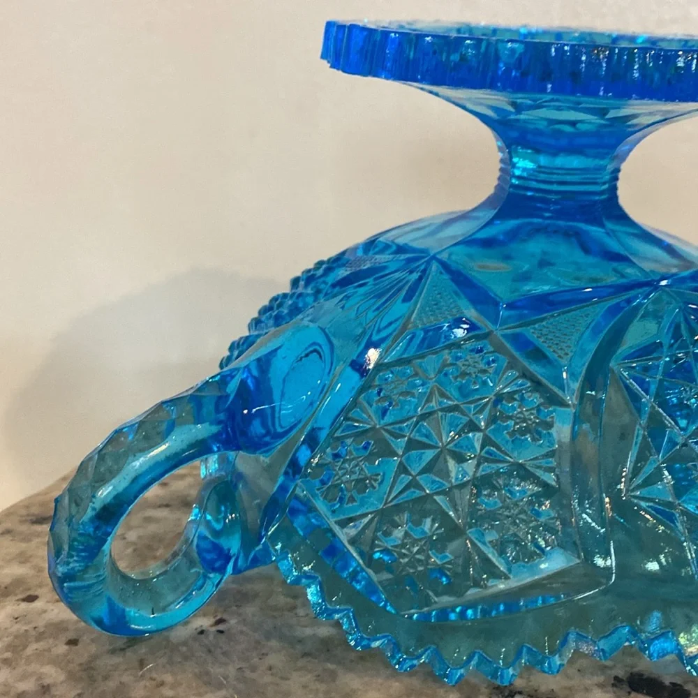 Vintage 1970s Kemple Wheaton Blue Glass Star Sawtooth Edge Handled Pedestal Bowl